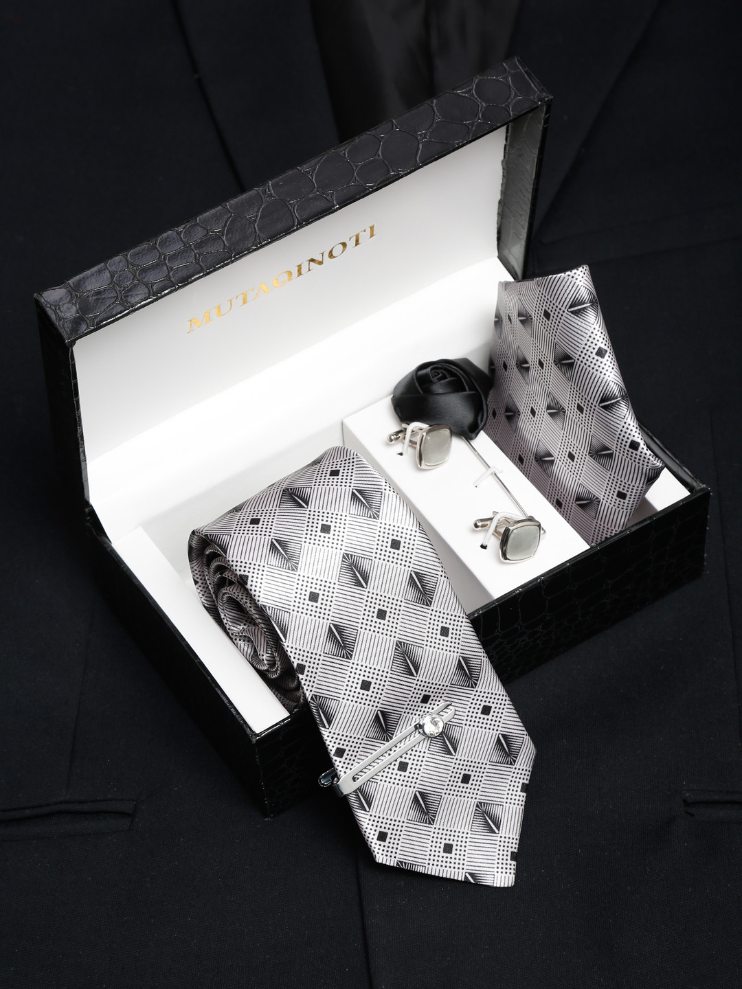 

MUTAQINOTI Men Printed Formal Accessory Gift Set, Grey
