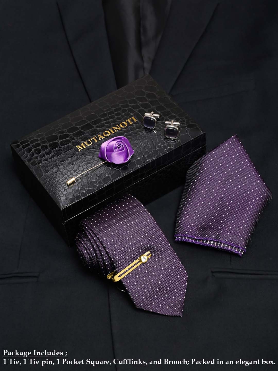 

MUTAQINOTI Men Dotted Silk Necktie Accessory Gift Set, Purple