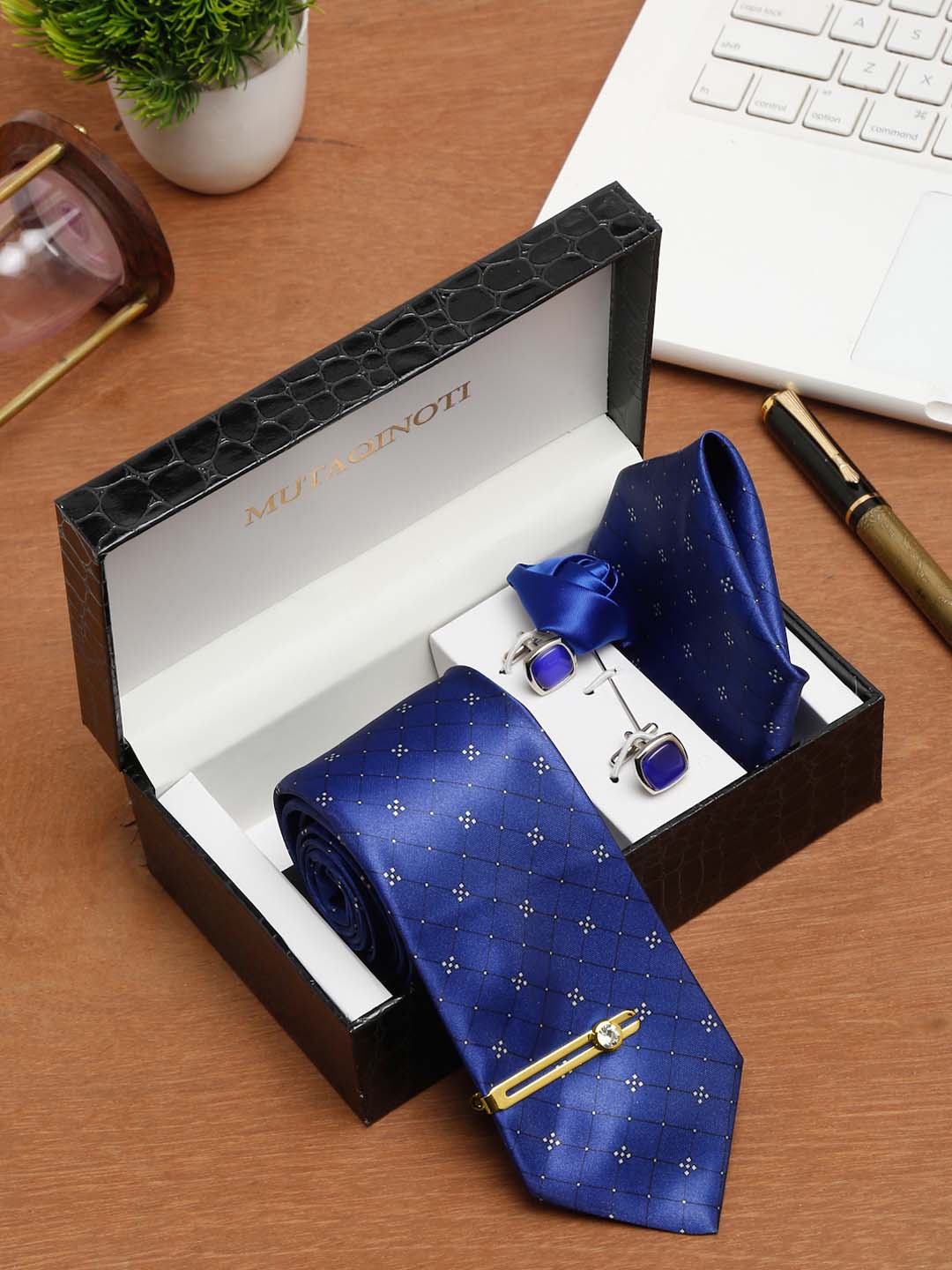 

MUTAQINOTI Men Square Checkered Necktie Accessory Gift Set, Blue