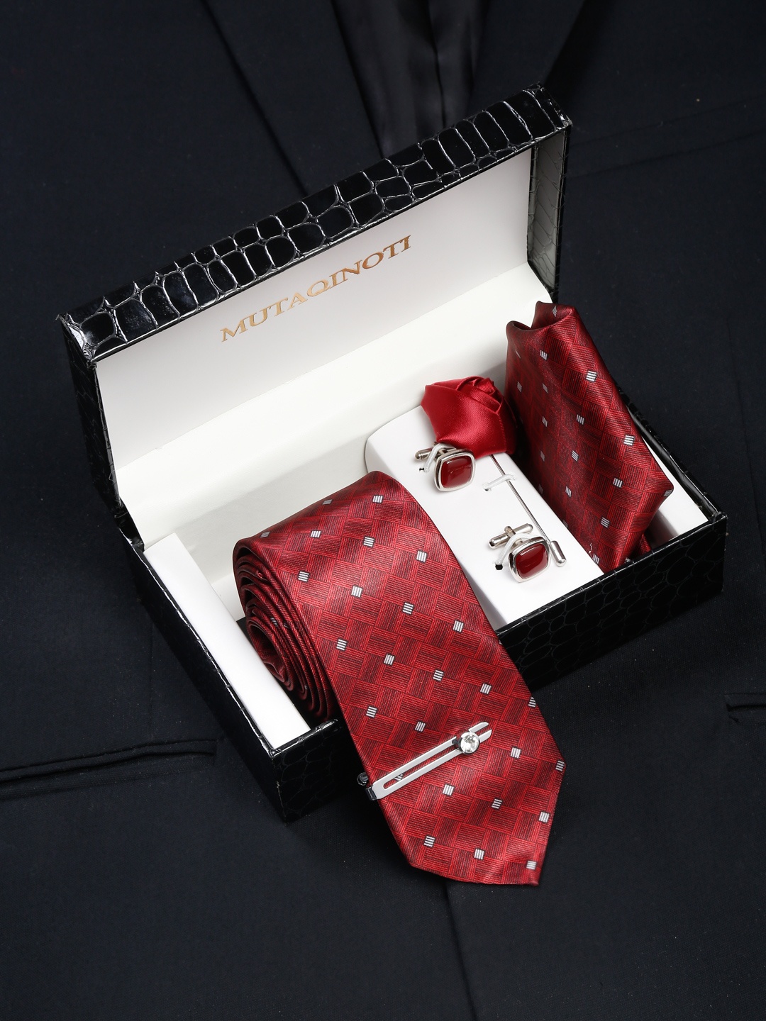 

MUTAQINOTI Men Printed Silk Blend Necktie Accessory Gift Set, Red