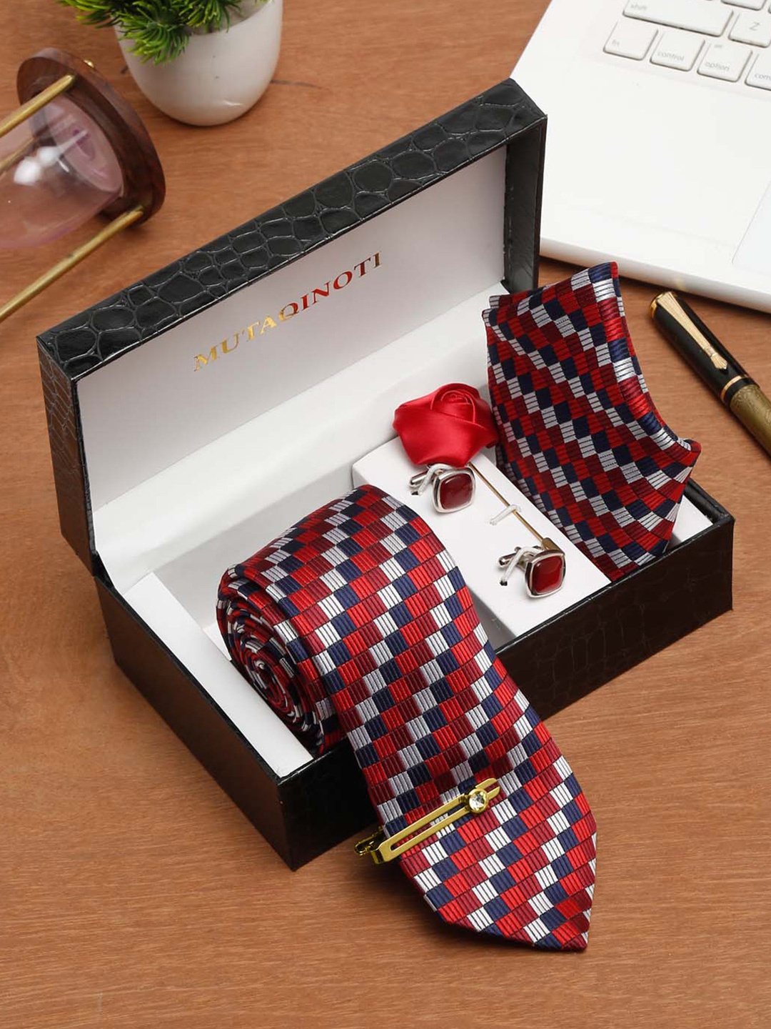 

MUTAQINOTI Men Multi Checks Silk Necktie Accessory Gift Set, Red