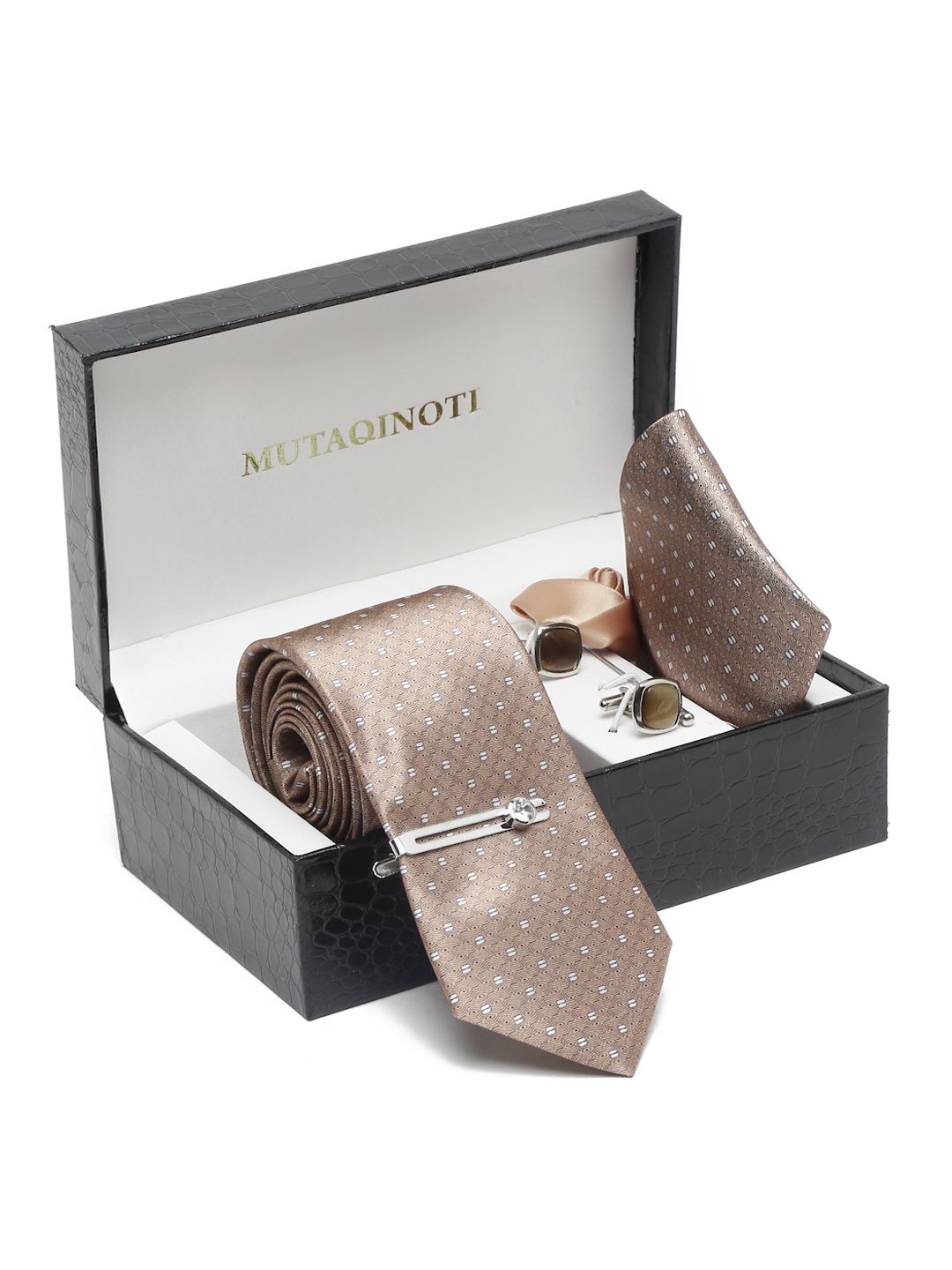 

MUTAQINOTI Men Textured Brown Silk Blend Necktie Accessory Gift Set, Black