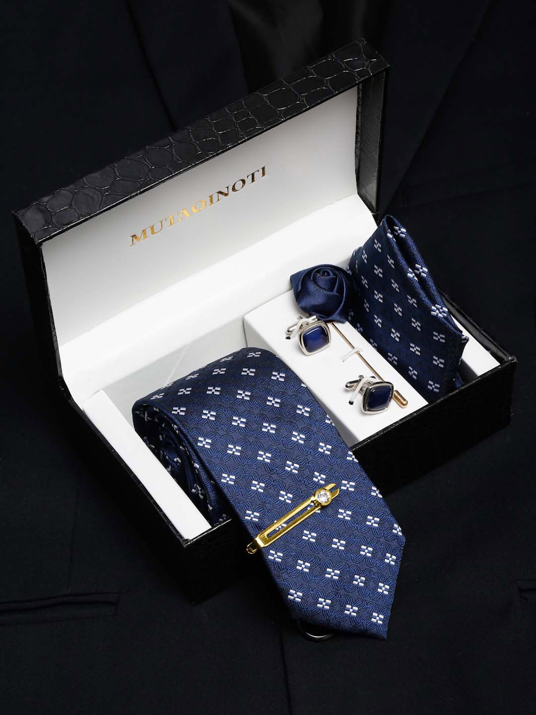 

MUTAQINOTI Men Silk Blend Necktie Accessory Gift Set, Blue