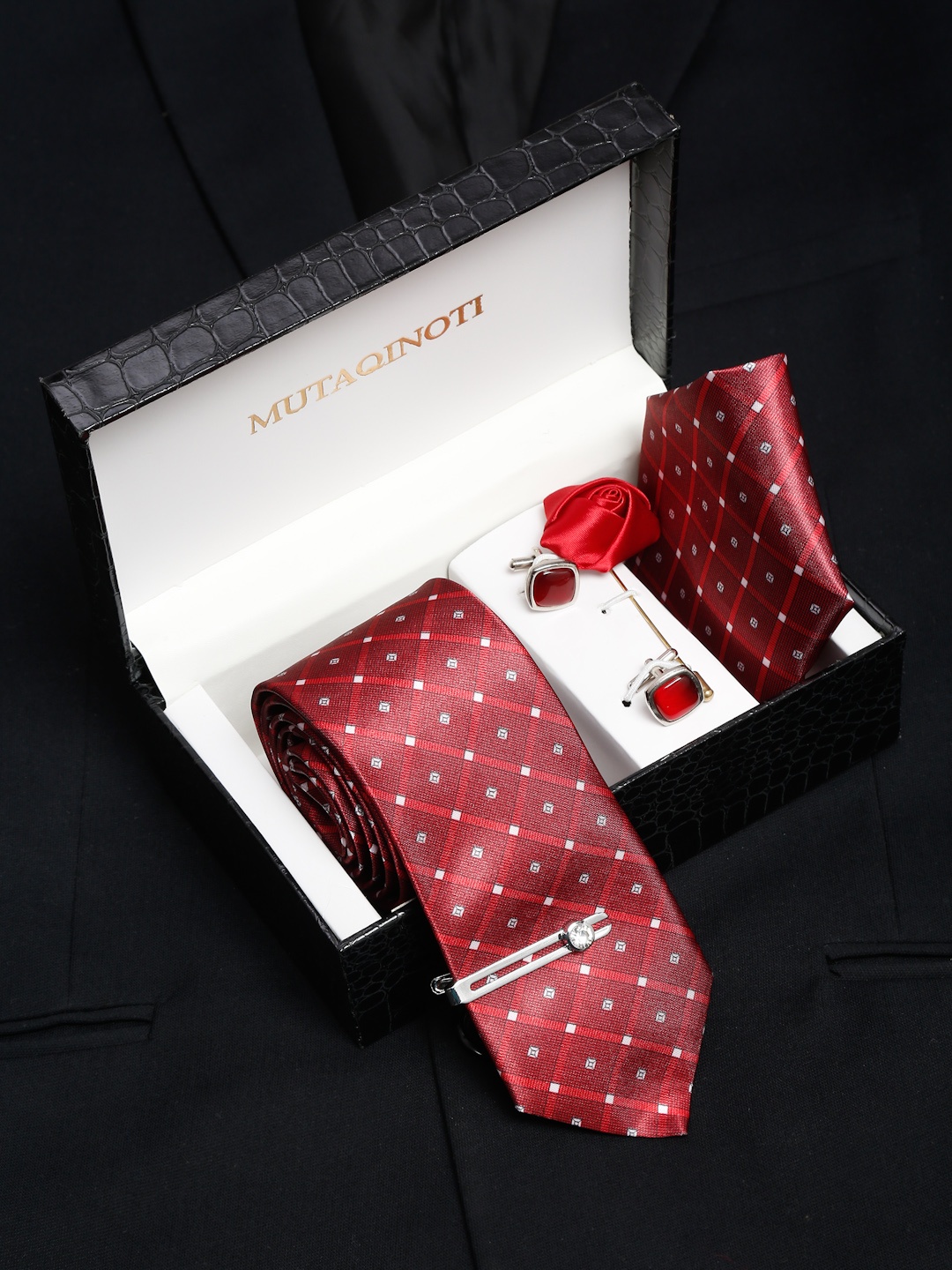 

MUTAQINOTI Men Silk Blend Necktie Accessory Gift Set, Red