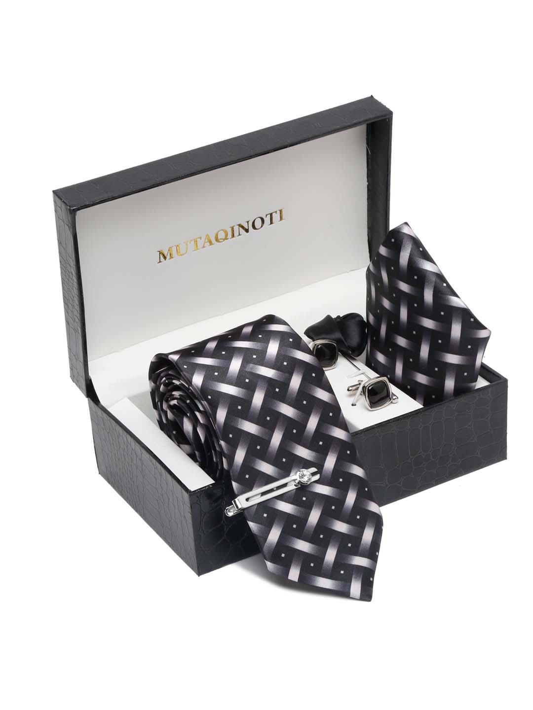 

MUTAQINOTI Men Checked Necktie Accessory Gift Set, Black