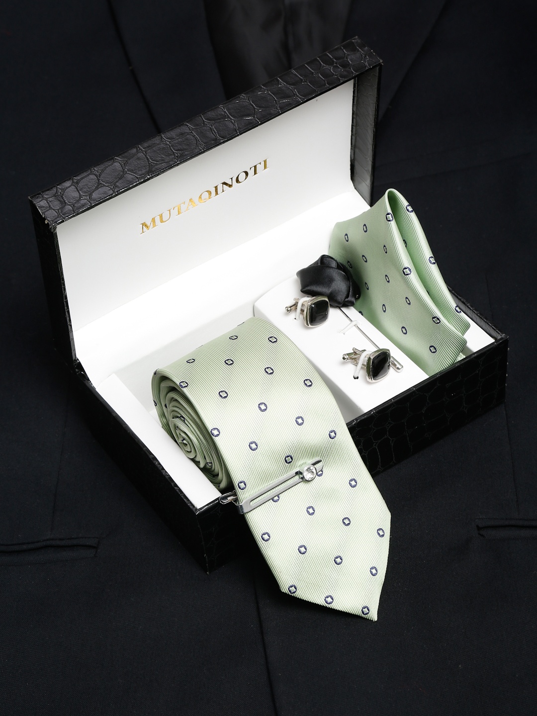 

MUTAQINOTI Men Polka Dot Silk Necktie Accessory Gift Set, Green