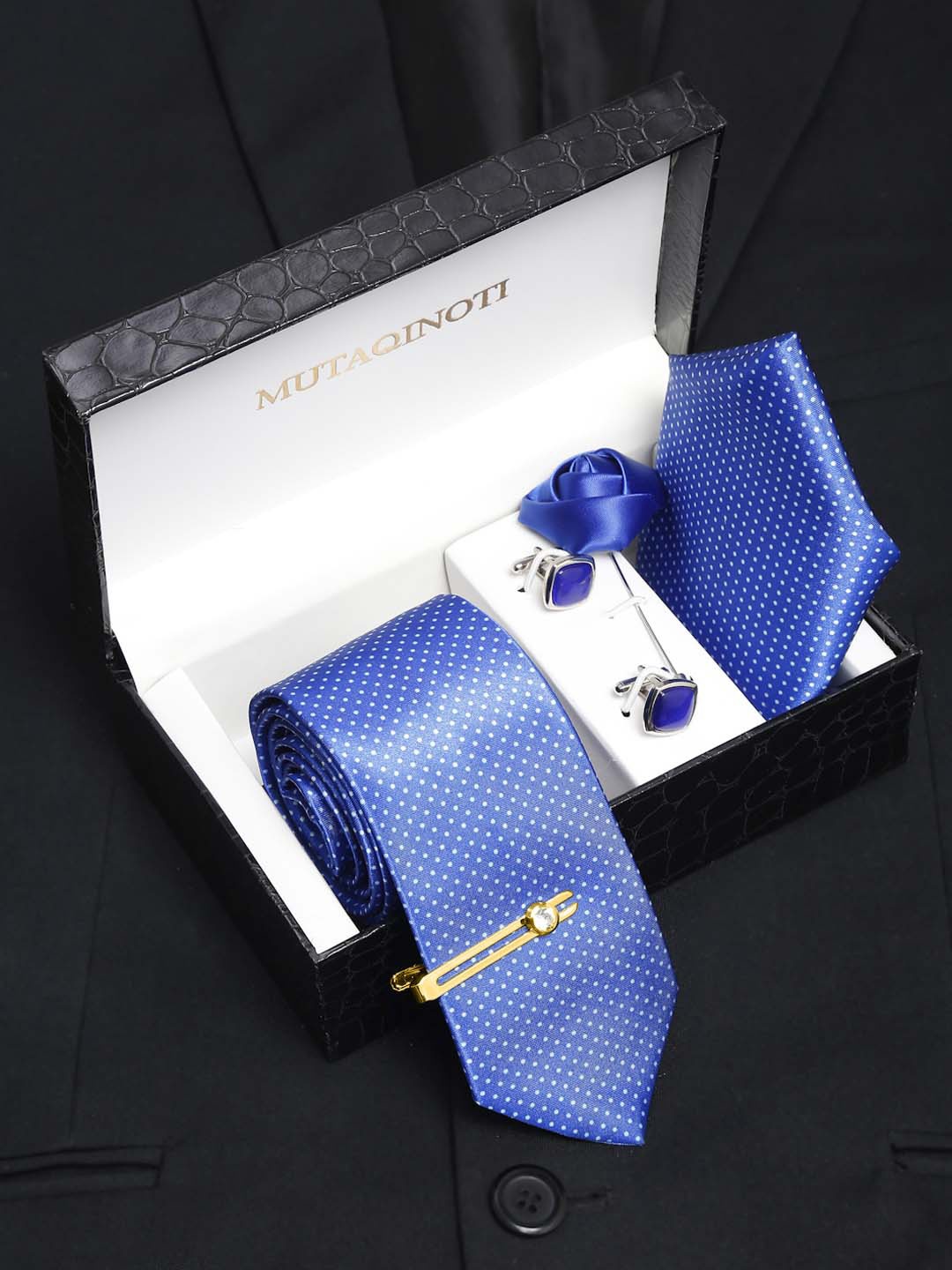 

MUTAQINOTI Men Micro Polka Dot Print Silk Blend Necktie Accessory Gift Set, Blue