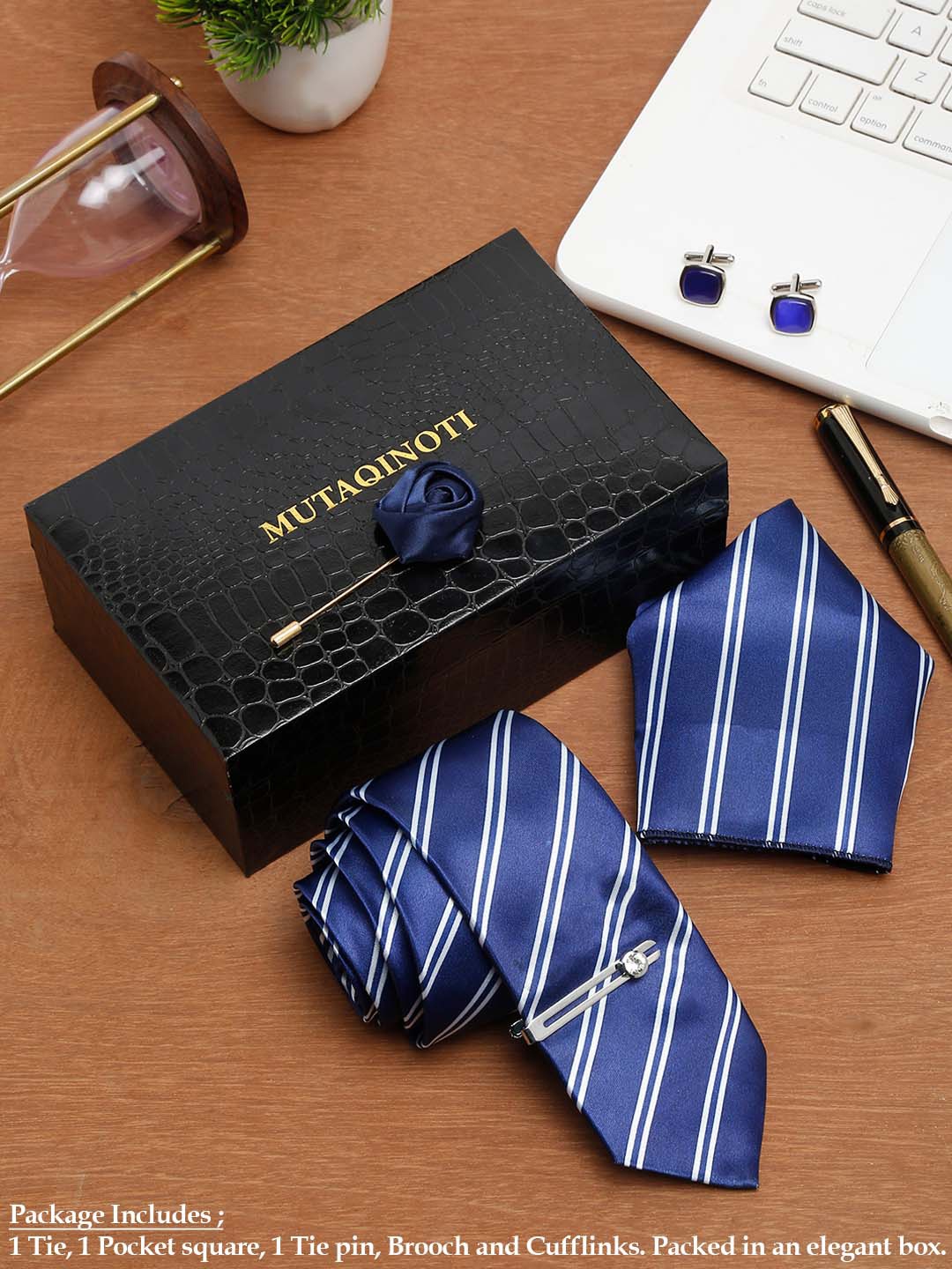 

MUTAQINOTI Men Striped Silk Blend Necktie Accessory Gift Set, Blue