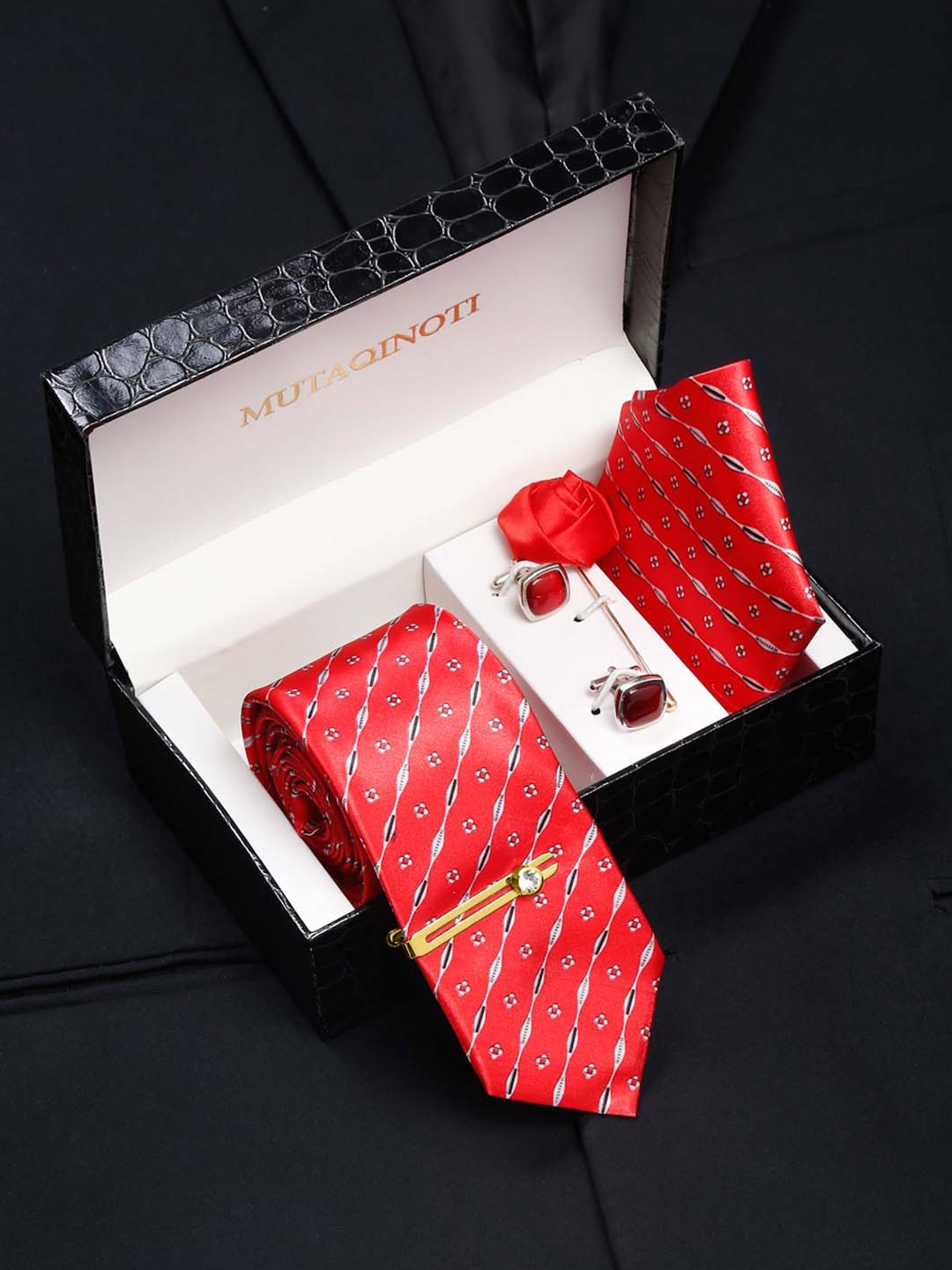 

MUTAQINOTI Men Polka Silk Blend Necktie Accessory Gift Set, Red