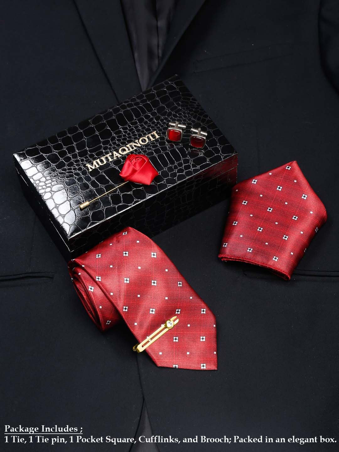 

MUTAQINOTI Men Dark Striped Silk Blend Necktie Accessory Gift Set, Red