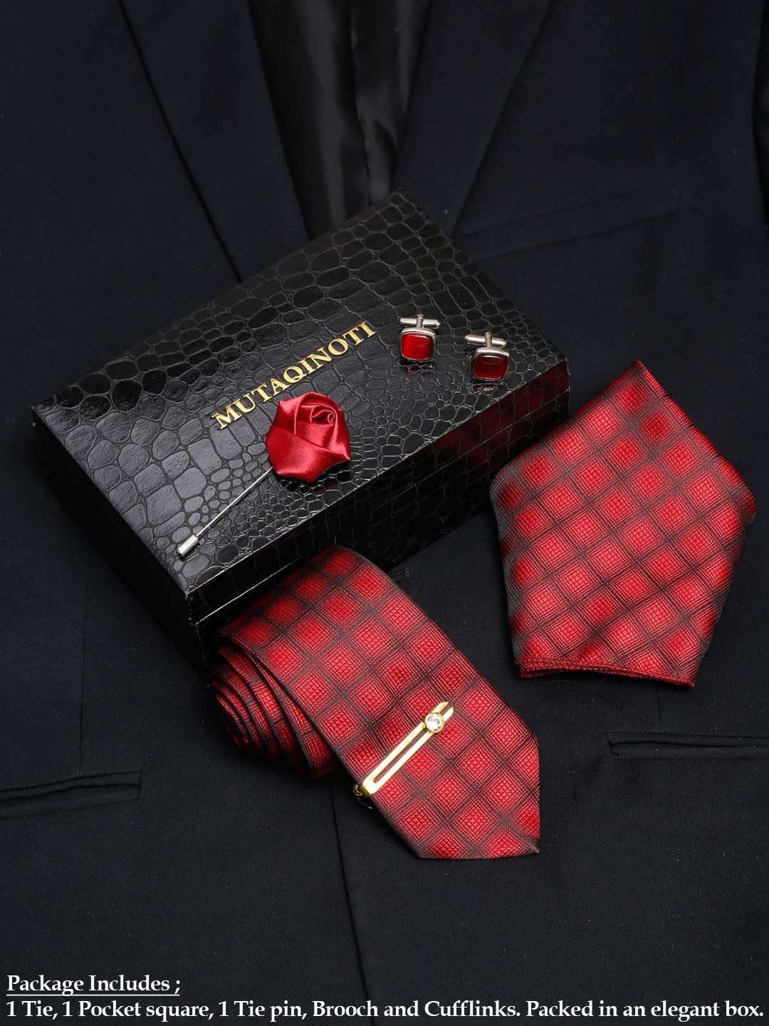

MUTAQINOTI Men Silk Necktie Accessory Gift Set, Red