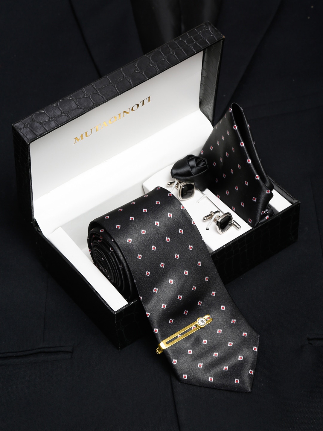 

MUTAQINOTI Men Necktie Accessory Gift Set, Black