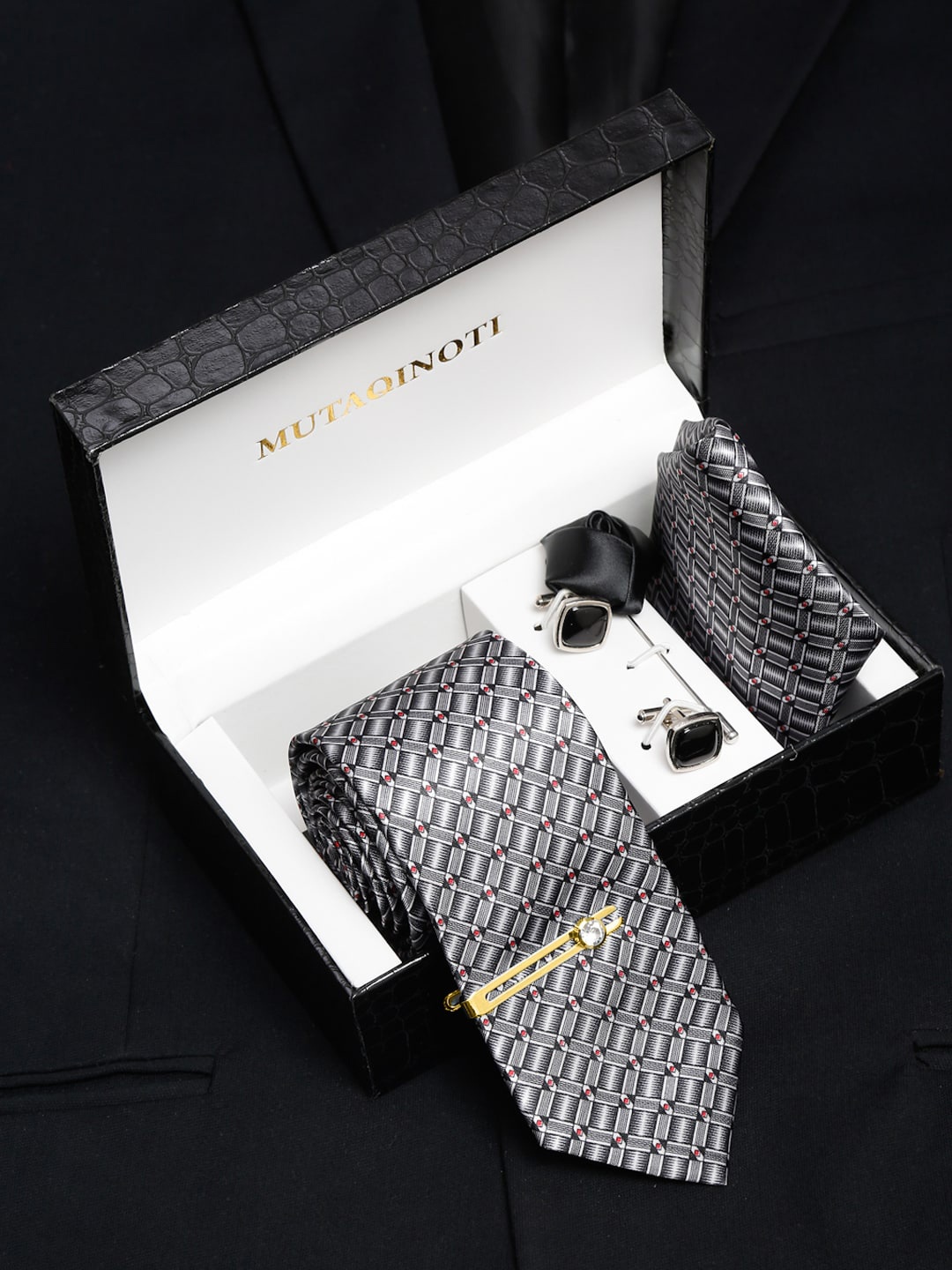 

MUTAQINOTI Men Shaded Black Silk Blend Necktie Accessory Gift Set