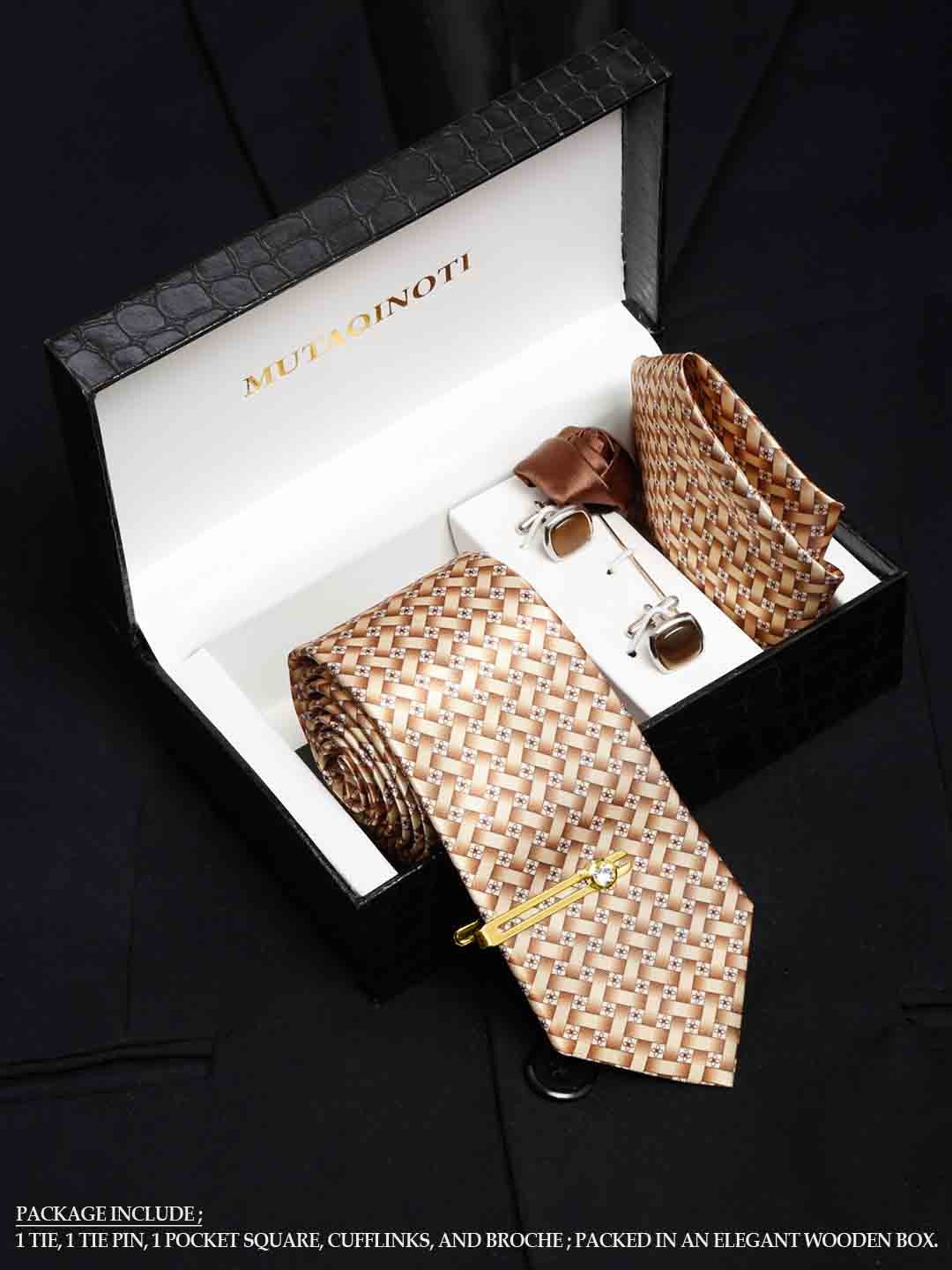 MUTAQINOTI Men Printed Silk Blend Necktie Accessory Gift Set, Beige