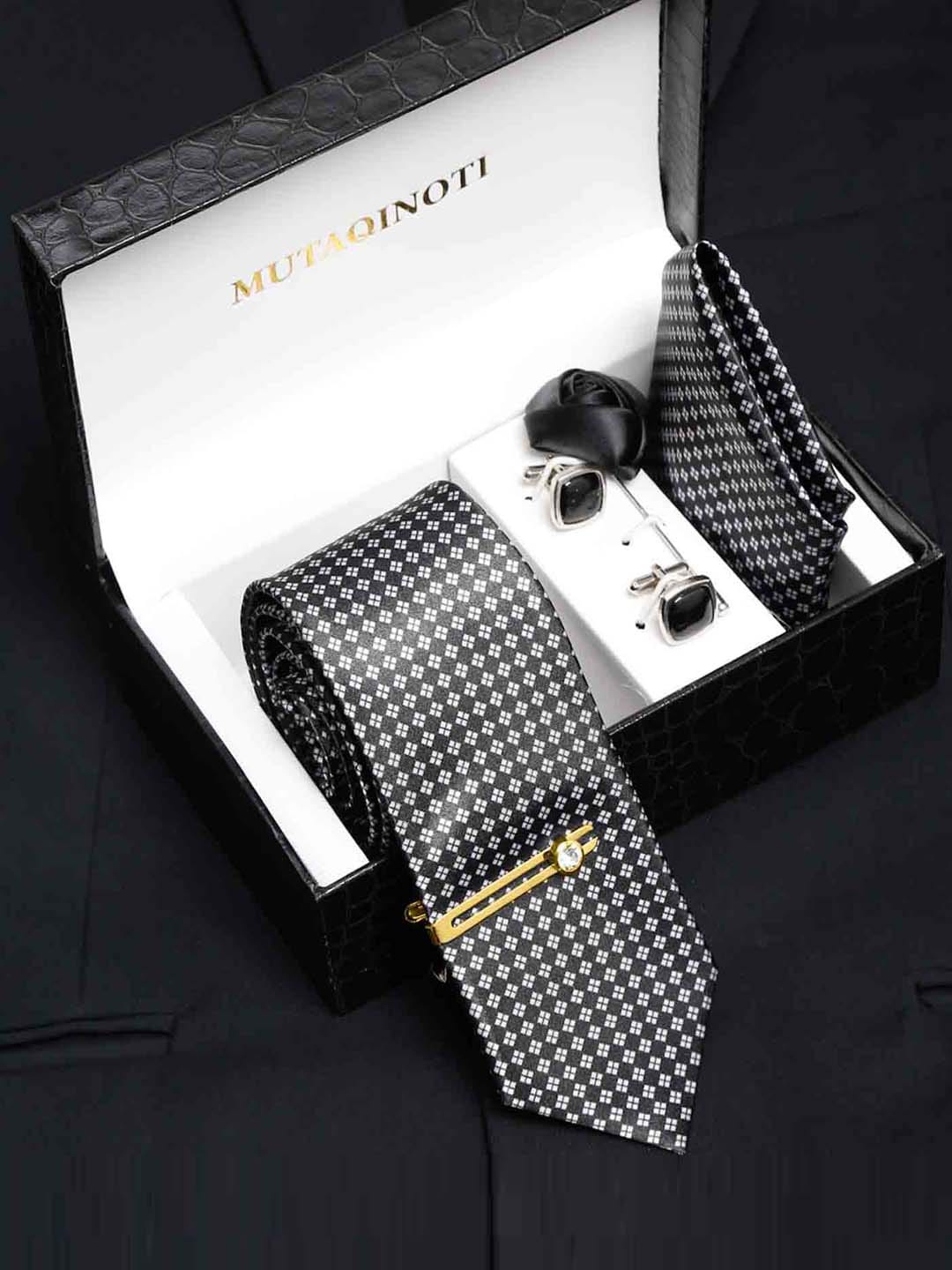 

MUTAQINOTI Men Geometric Print Silk Blend Necktie Accessory Gift Set, Black
