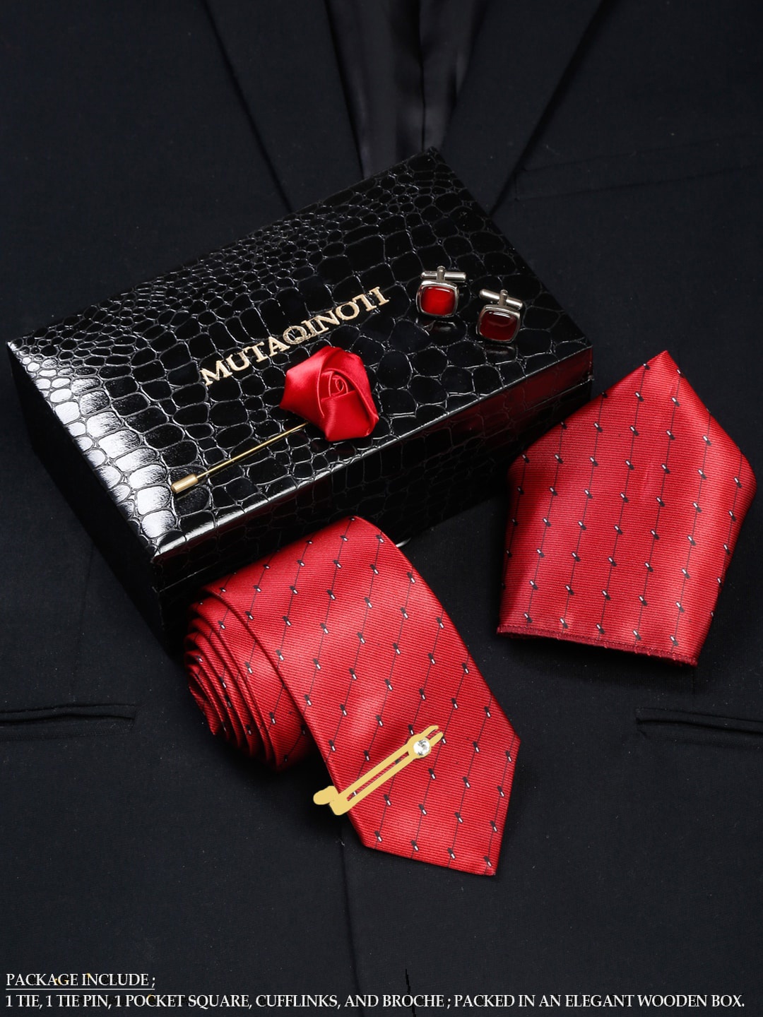 

MUTAQINOTI Men Silk Blend Necktie Accessory Gift Set, Red