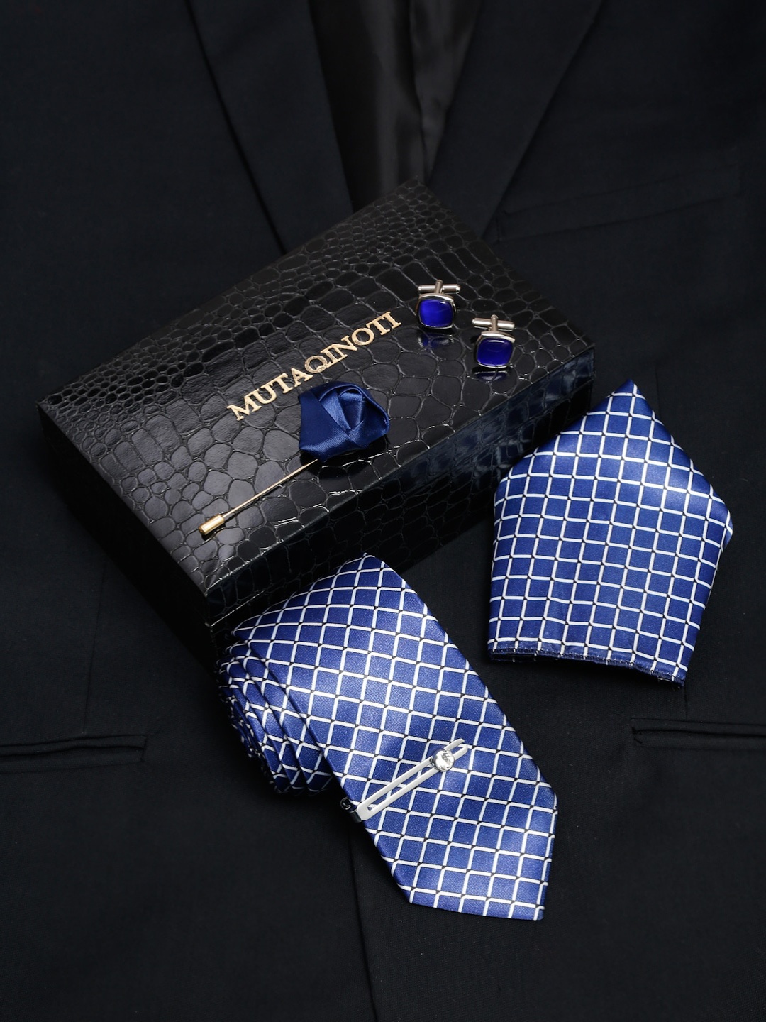 

MUTAQINOTI Men Checked Silk Blend Necktie Accessory Gift Set, Blue