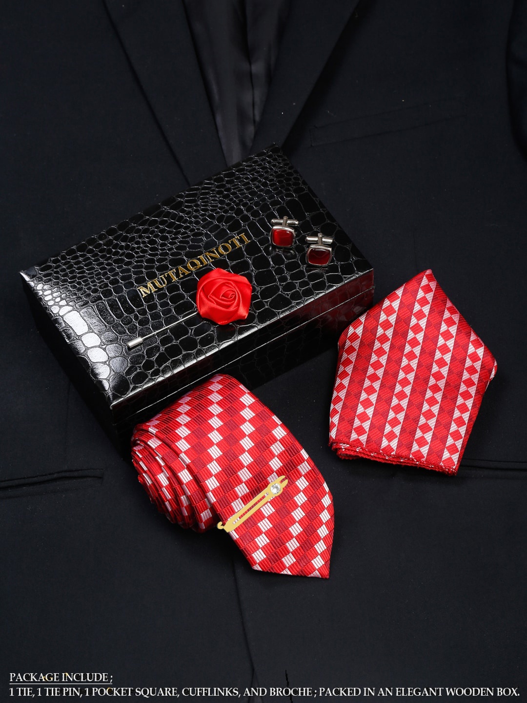 

MUTAQINOTI Men Checked Silk Formal Accessory Gift Set, Red