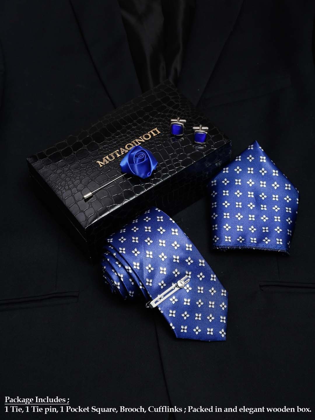 

MUTAQINOTI Men Floral Necktie Accessory Gift Set, Blue