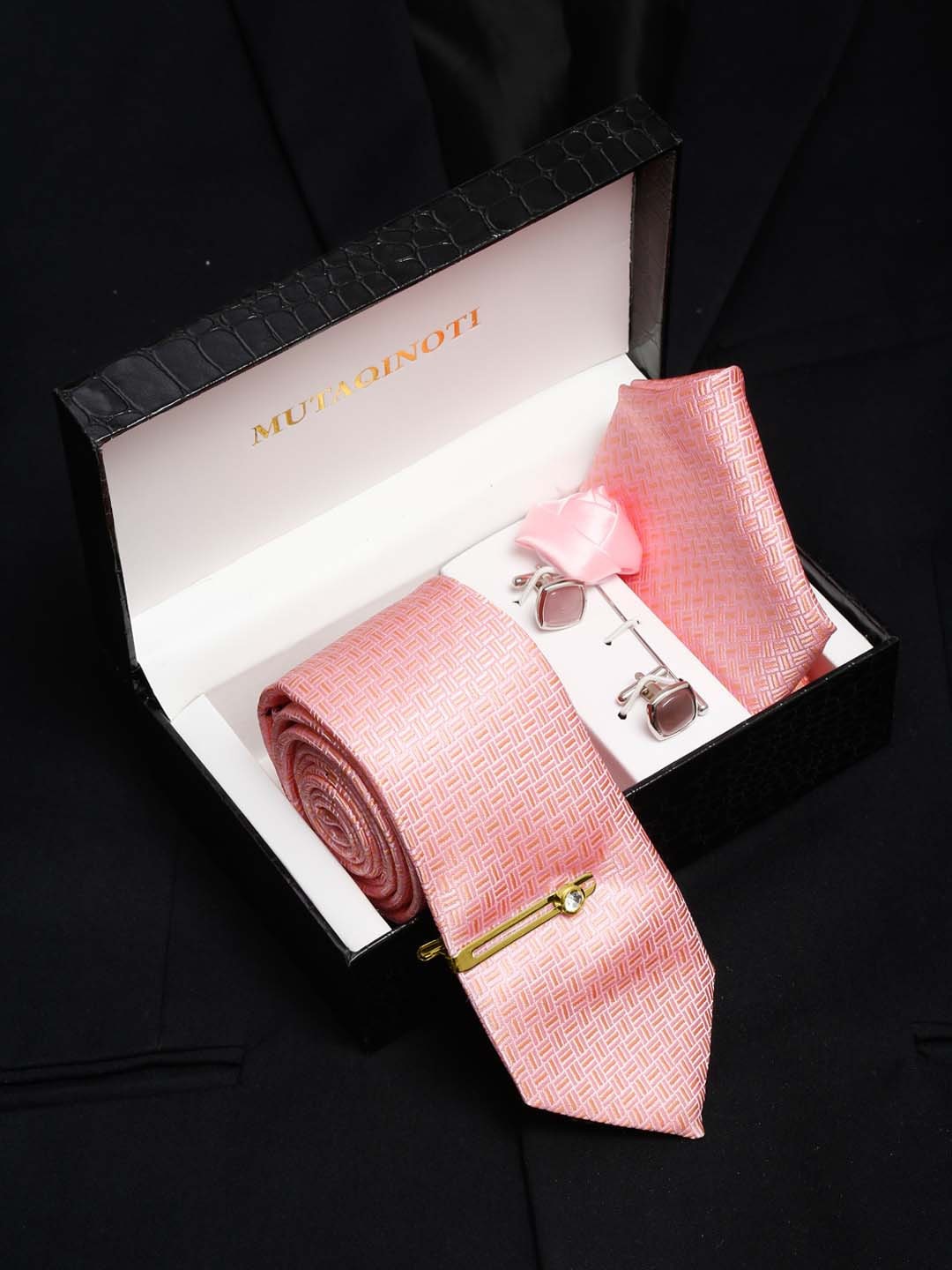 

MUTAQINOTI Men Checked Formal Silk Accessory Gift Set, Peach