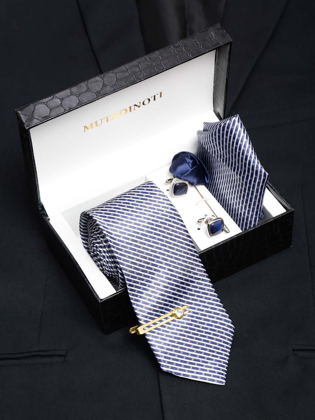 

MUTAQINOTI Men Dotted Stripes Necktie Accessory Gift Set, Blue
