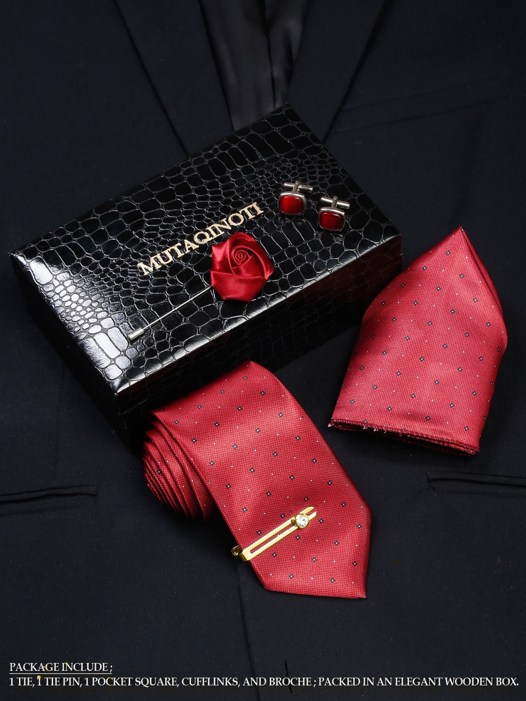 

MUTAQINOTI Men Silk Blend Necktie Accessory Gift Set, Red
