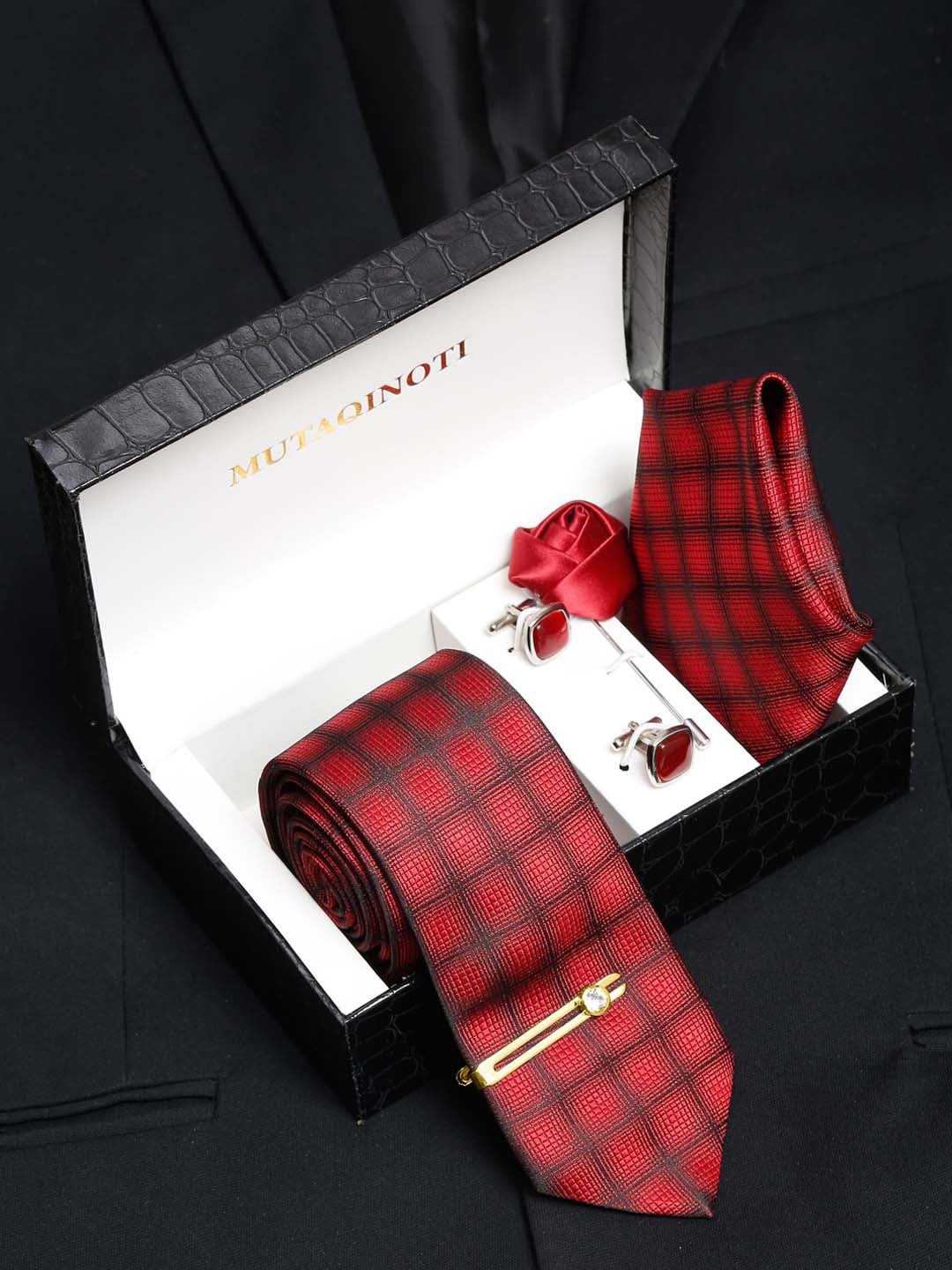 MUTAQINOTI Men Big Checks Silk Necktie Accessory Gift Set, Red