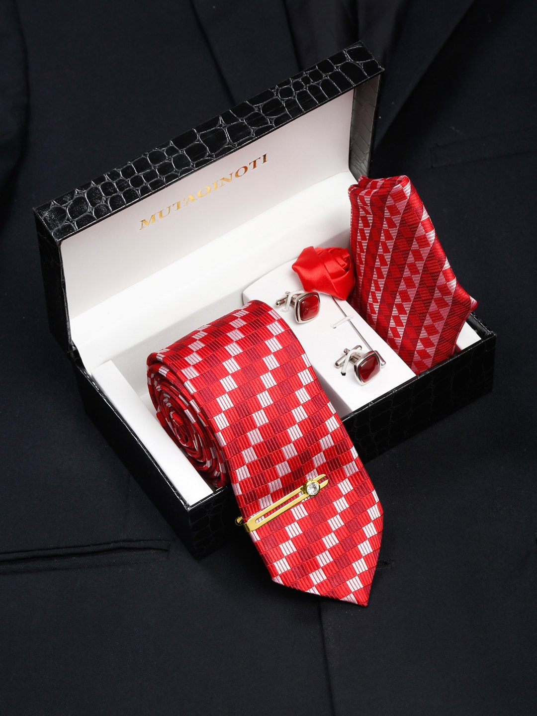 MUTAQINOTI Men Red Formal Accessory Gift Set