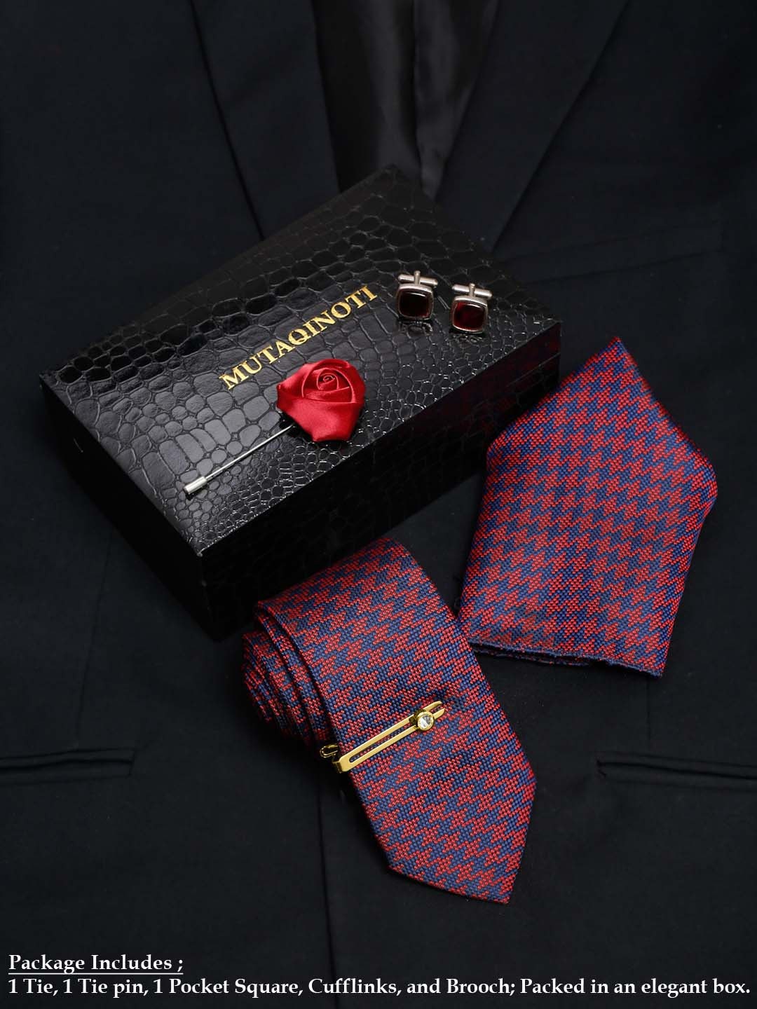 MUTAQINOTI Men Silk Necktie Accessory Gift Set, Red