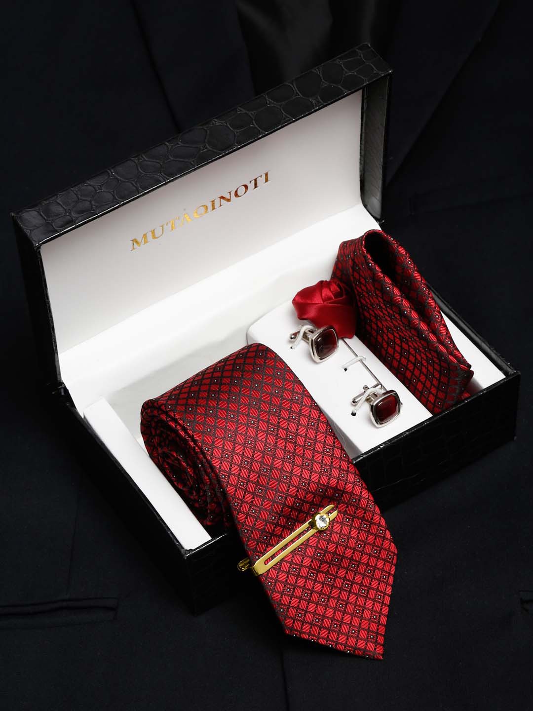 

MUTAQINOTI Men Checkered Box Silk Necktie Accessory Gift Set, Red