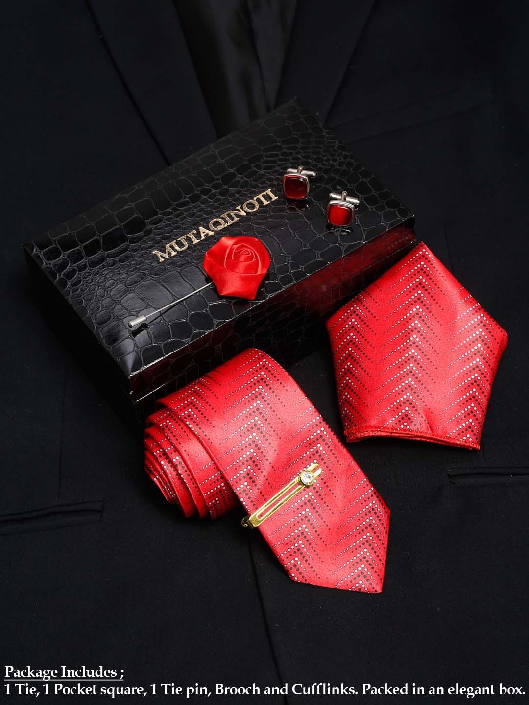 

MUTAQINOTI Men Polka Silk Blend Necktie Accessory Gift Set, Red