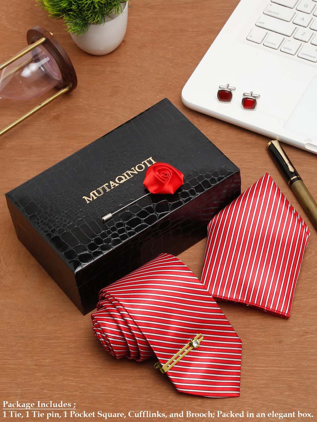 MUTAQINOTI Men Silk Blend Necktie Accessory Gift Set, Red