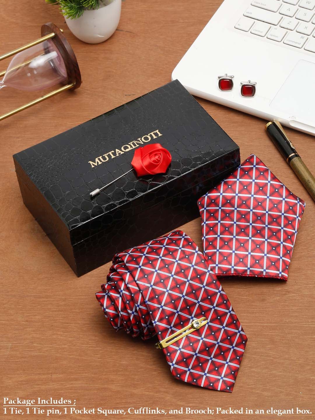 

MUTAQINOTI Men Silk Necktie Accessory Gift Set, Red