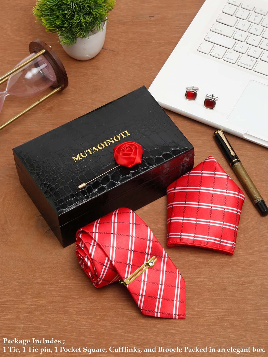 

MUTAQINOTI Men Silk Blend Necktie Accessory Gift Set, Red