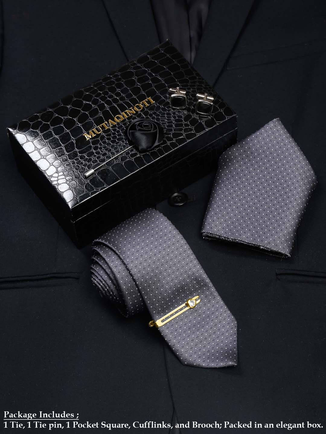 

MUTAQINOTI Men Silk Necktie Accessory Gift Set, Grey