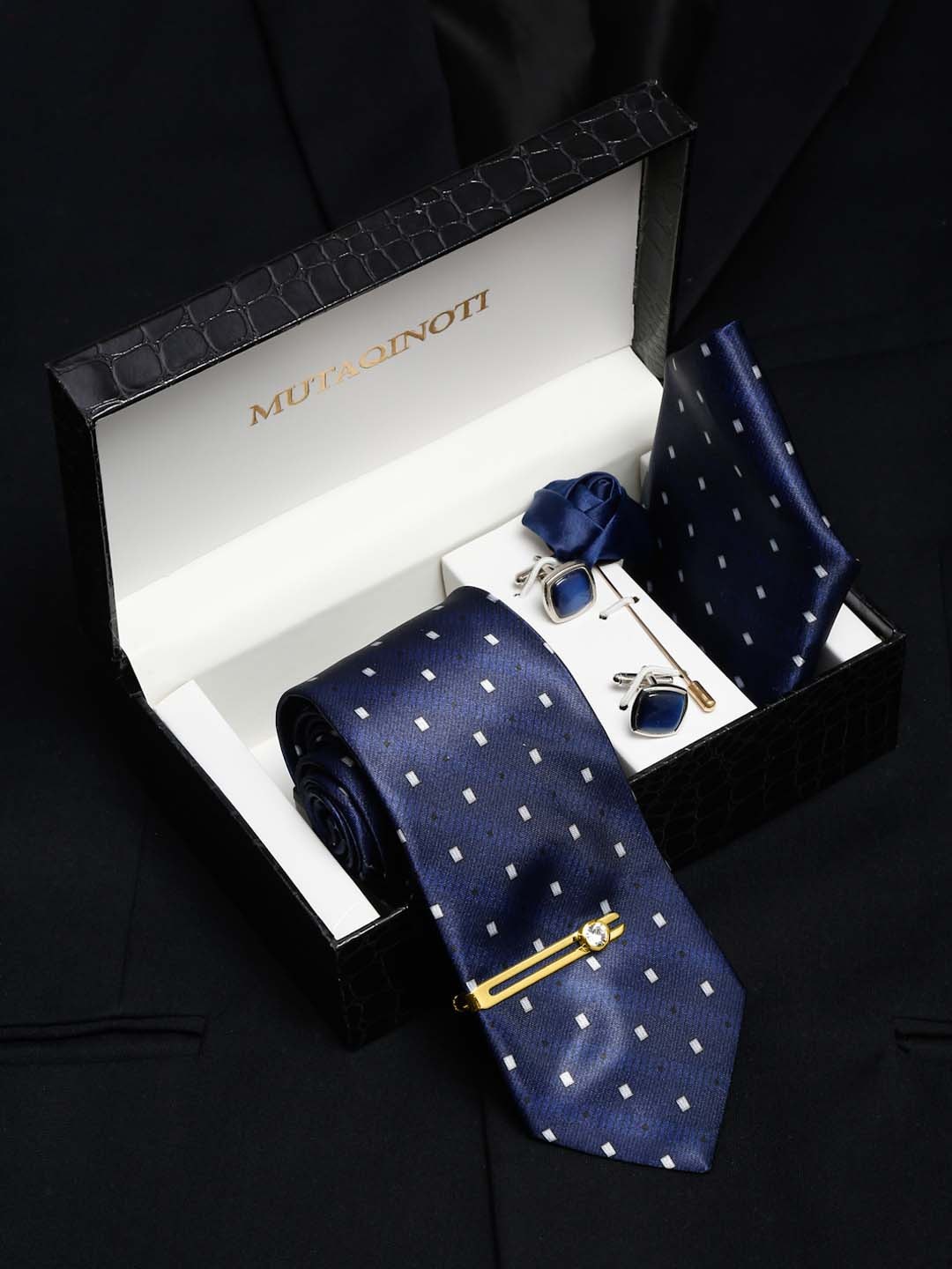 MUTAQINOTI Men Geometric Print Silk Blend Necktie Accessory Gift Set, Blue