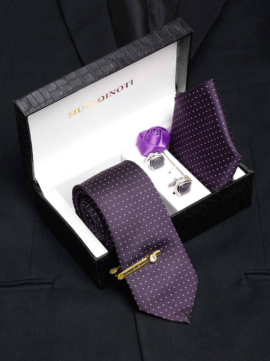 MUTAQINOTI Men Silk Necktie Accessory Gift Set, Purple