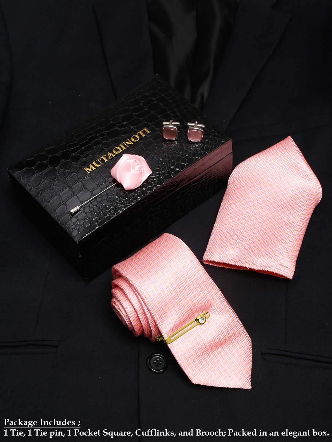 

MUTAQINOTI Men Checkered Silk Necktie Accessory Gift Set, Pink