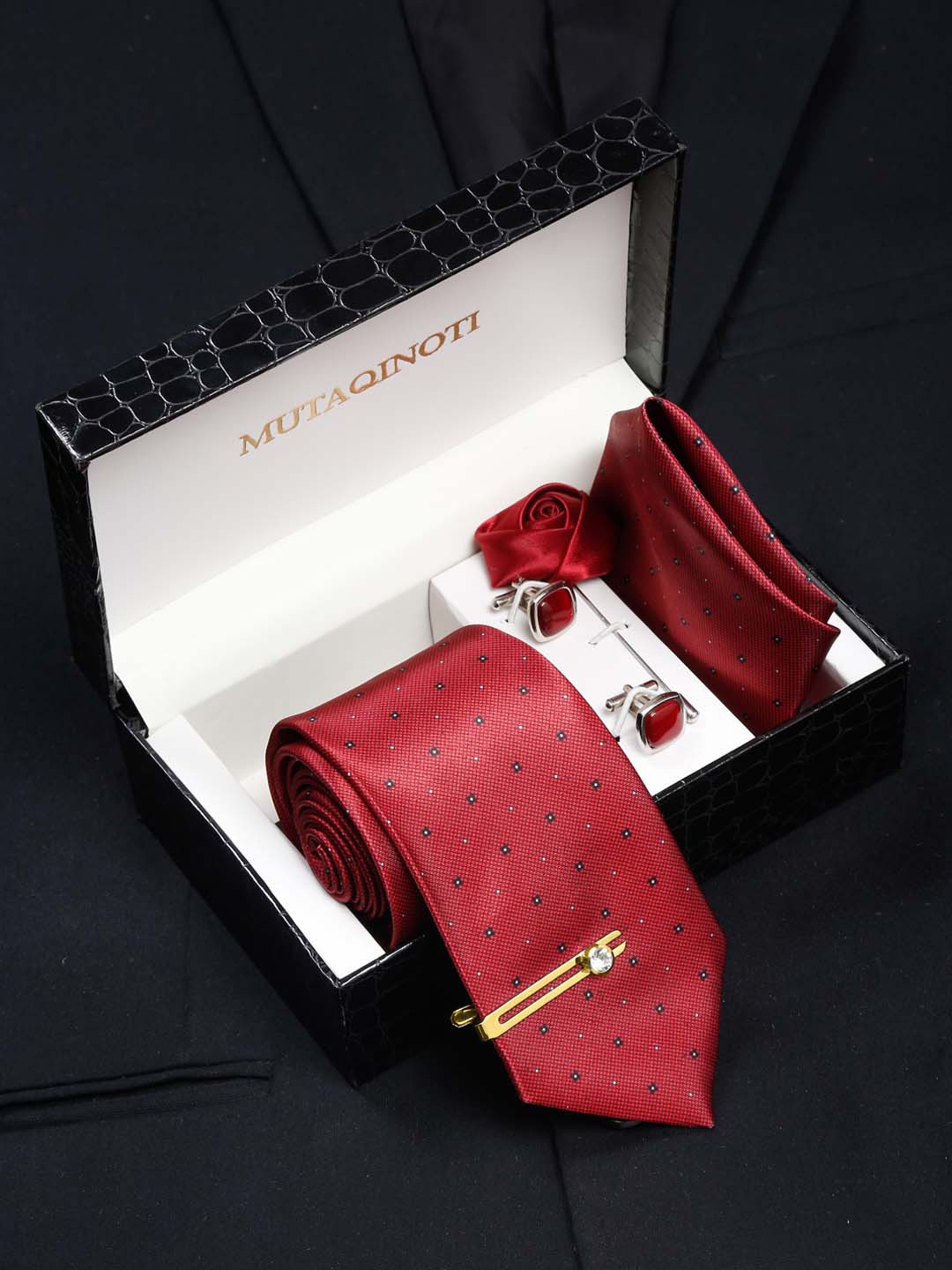 

MUTAQINOTI Men Textured Silk Blend Necktie Accessory Gift Set, Red