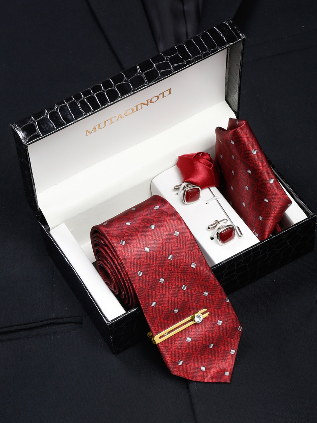 

MUTAQINOTI Men Silk Blend Necktie Accessory Gift Set, Red