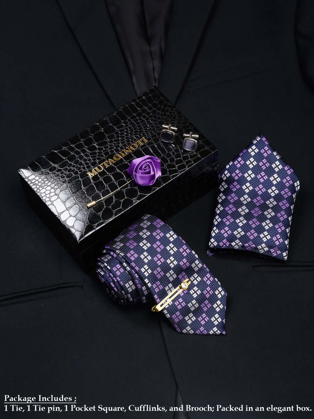 

MUTAQINOTI Men Checkered Silk Necktie Accessory Gift Set, Purple