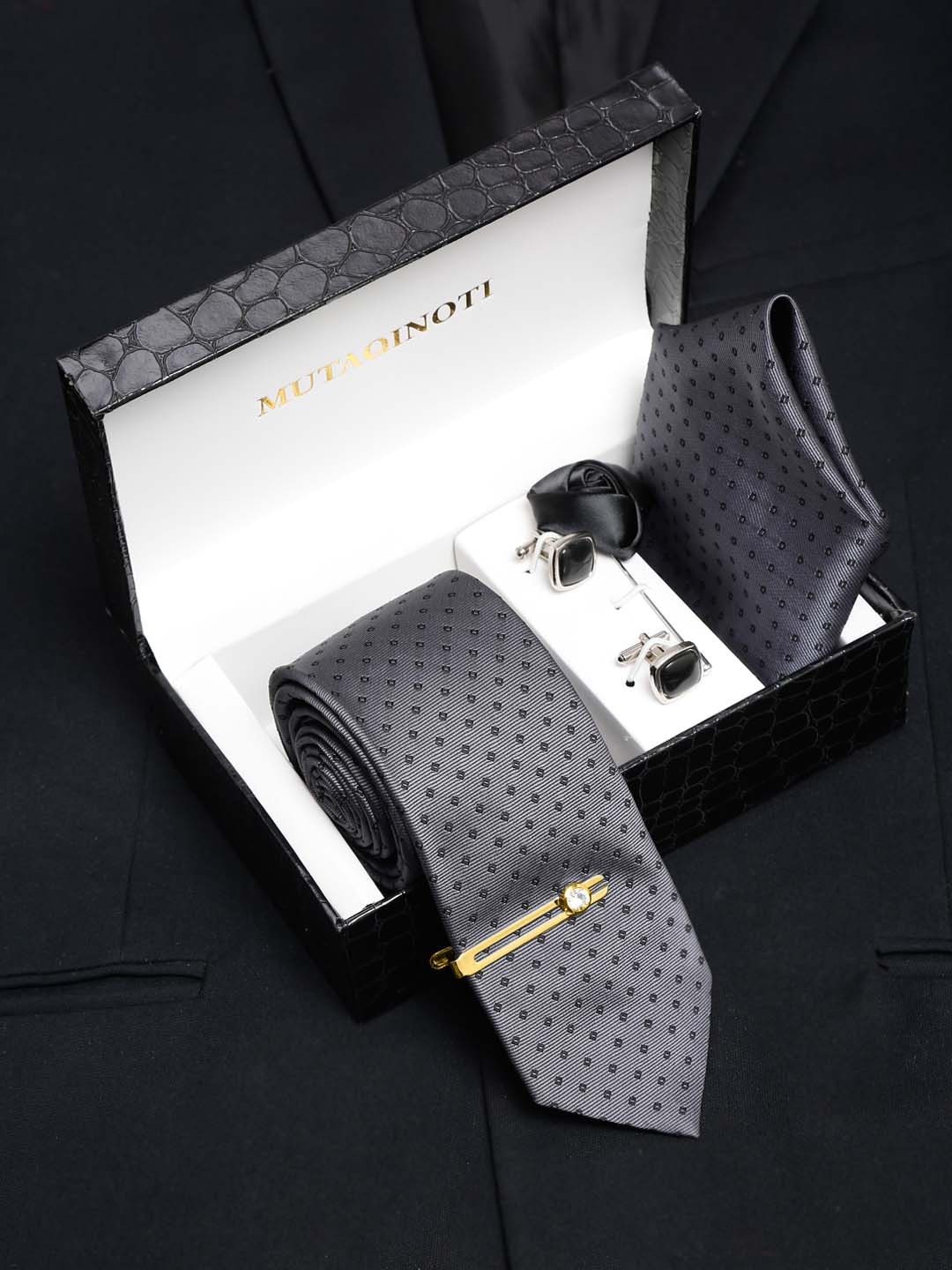 

MUTAQINOTI Men Silk Blend Necktie Accessory Gift Set, Grey