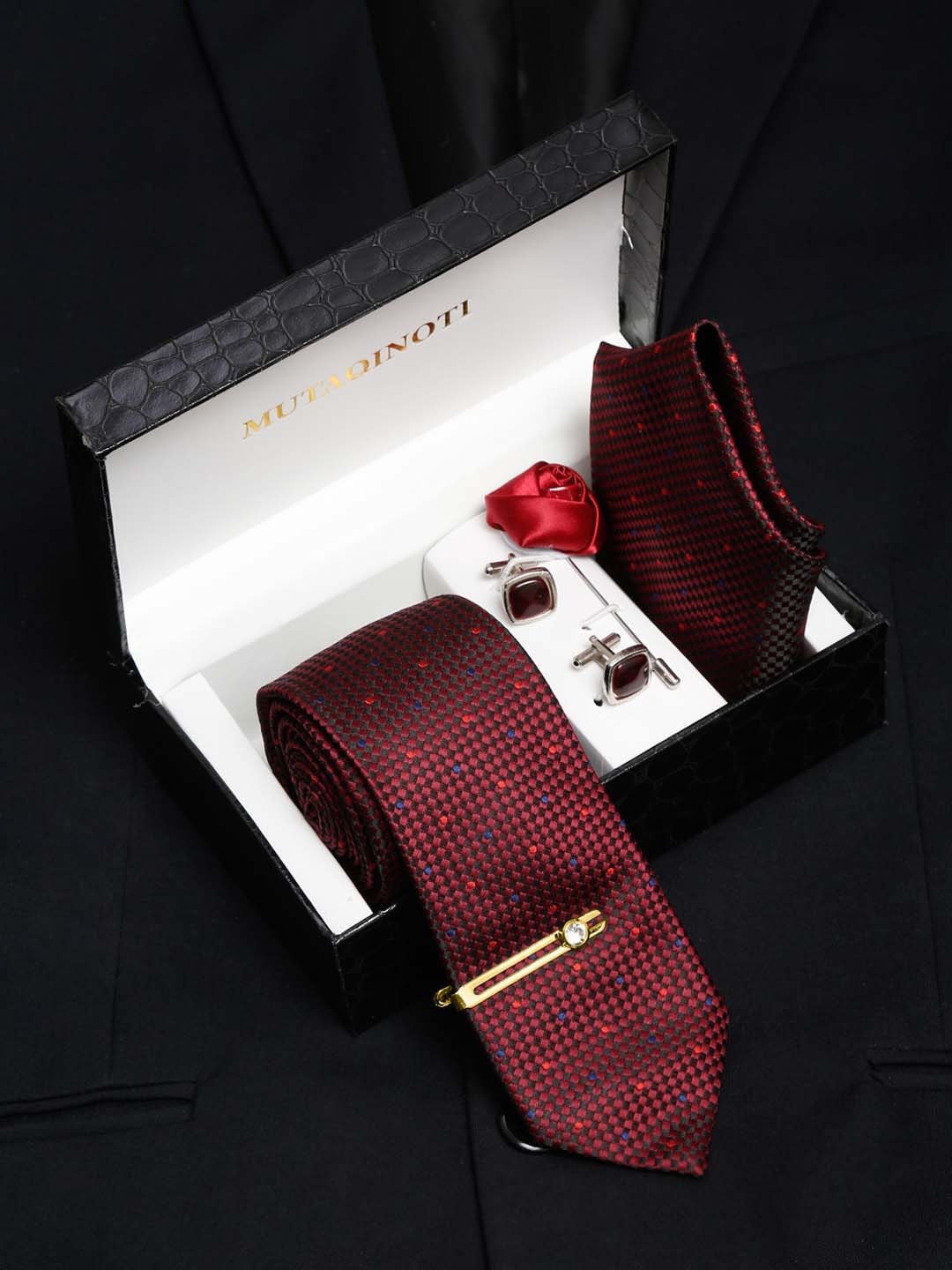 

MUTAQINOTI Men Red Tie Cufflinks Pocket Square Accessory Gift Set