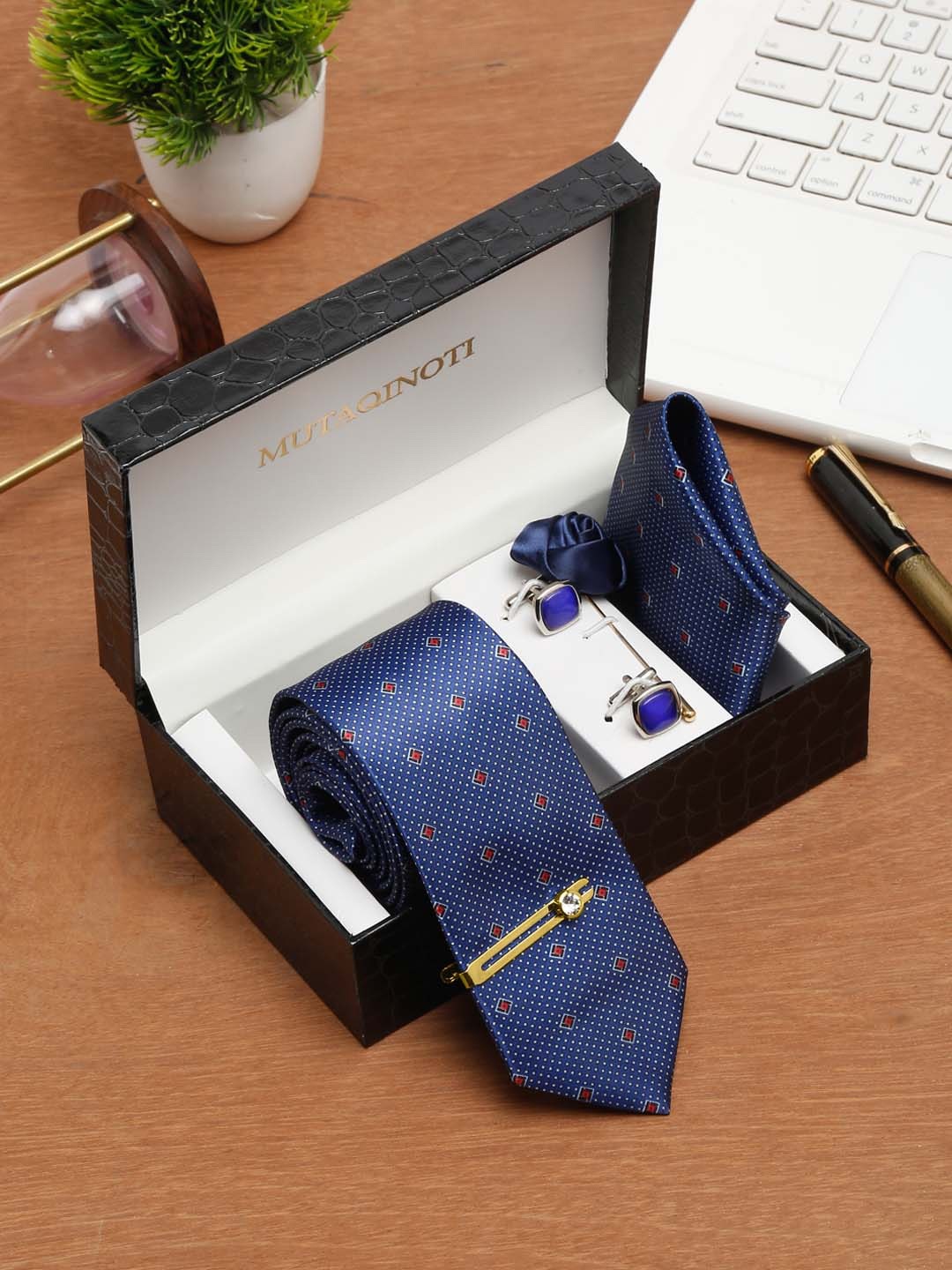 MUTAQINOTI Men Geometric Print Silk Blend Necktie Accessory Gift Set, Blue