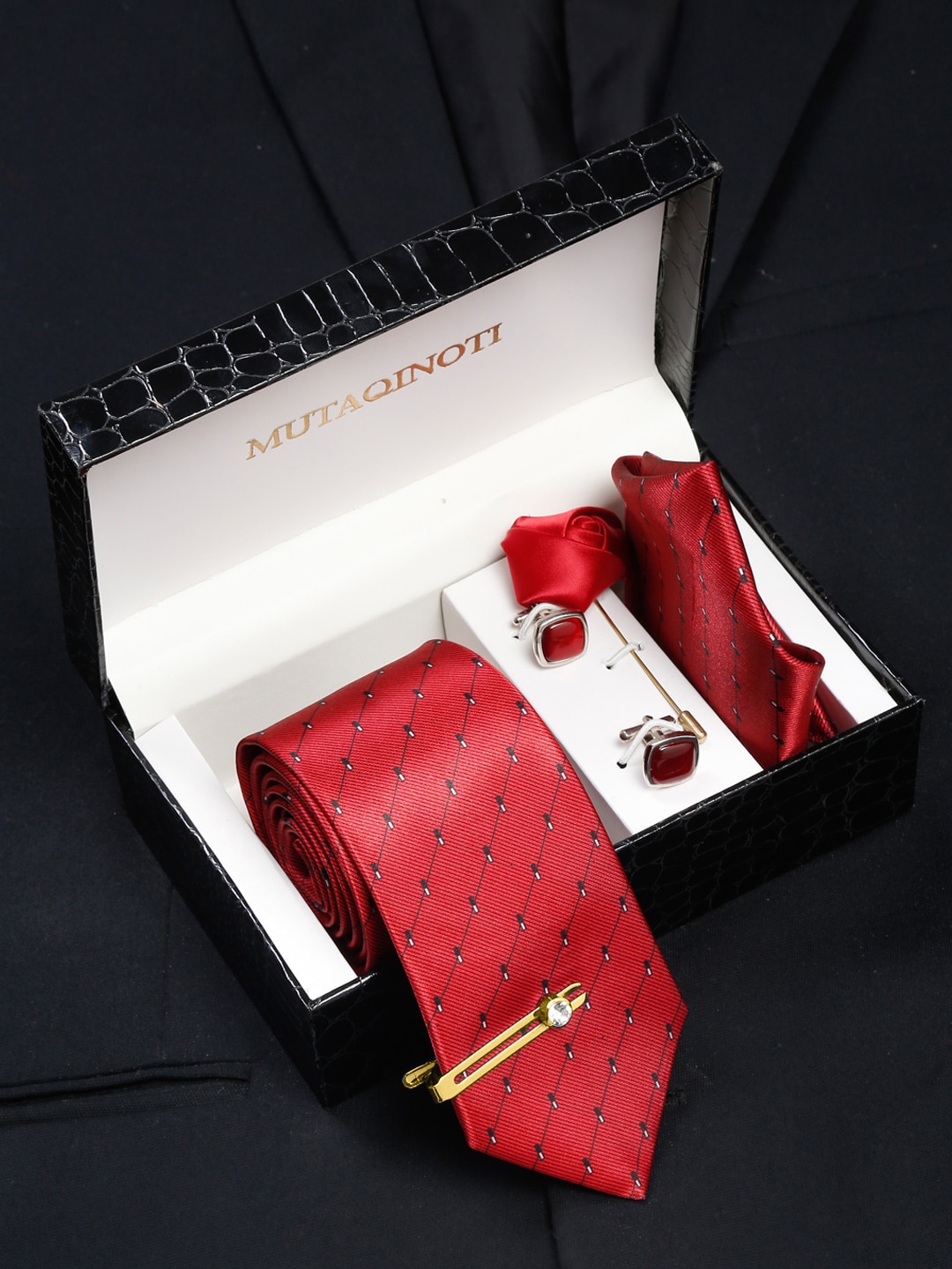 

MUTAQINOTI Men Silk Necktie Accessory Gift Set, Red
