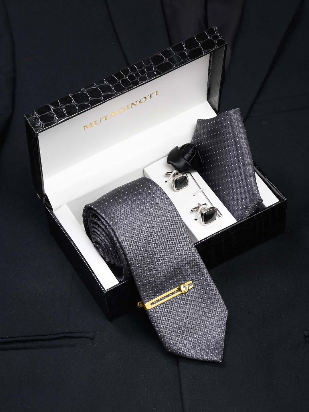 

MUTAQINOTI Men Textured Silk Necktie Accessory Gift Set, Grey