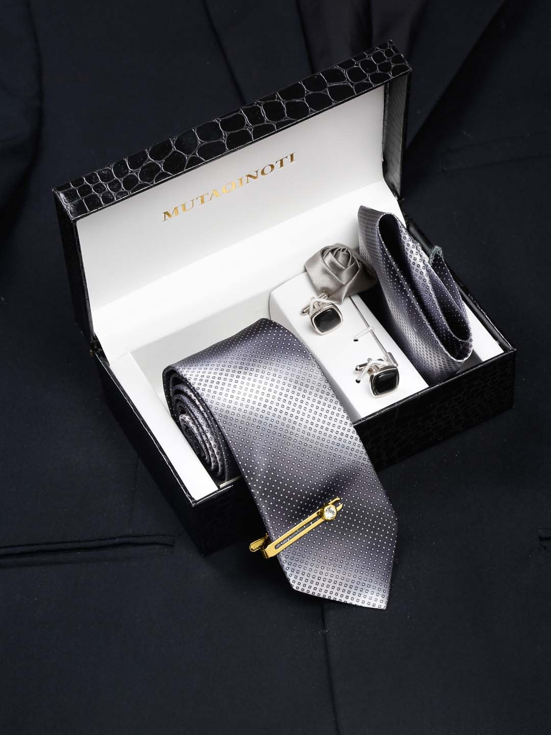 

MUTAQINOTI Men Grey Printed Formal Tie Accessory Gift Set