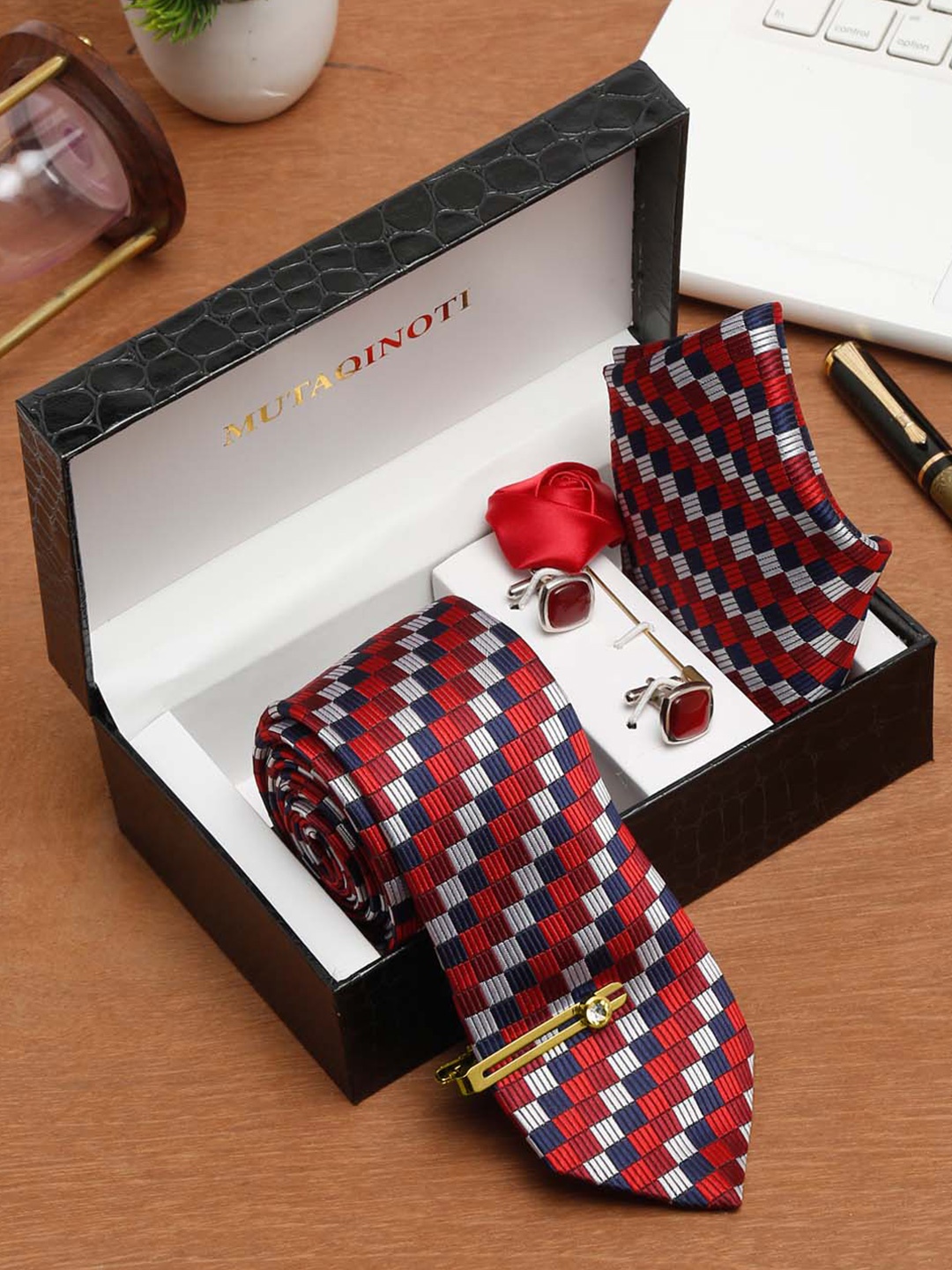 

MUTAQINOTI Men Multi Checks Silk Necktie Accessory Gift Set, Red