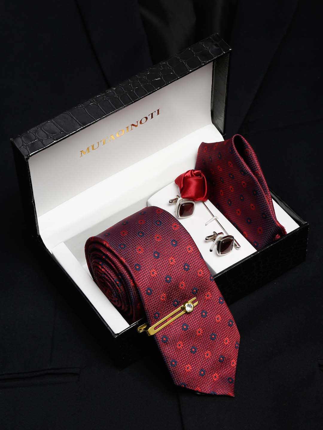 

MUTAQINOTI Men Multi Floral Silk Necktie Accessory Gift Set, Red