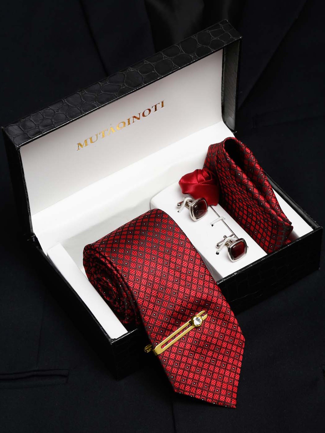 

MUTAQINOTI Men Silk Necktie Accessory Gift Set, Red